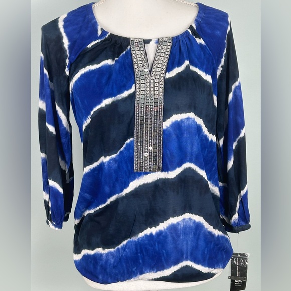 NWT INC International Concepts Blue/White/Black with Silver Sequins Blouse - Picture 2 of 10